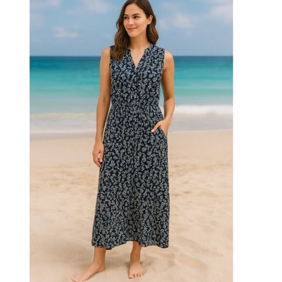 Garnet Hill SZ XL Ambrose Crêpe Dress Navy Blue White Floral Pockets - Picture 1 of 5